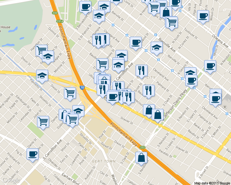 map of restaurants, bars, coffee shops, grocery stores, and more near 4222 South Carrollton Avenue in New Orleans