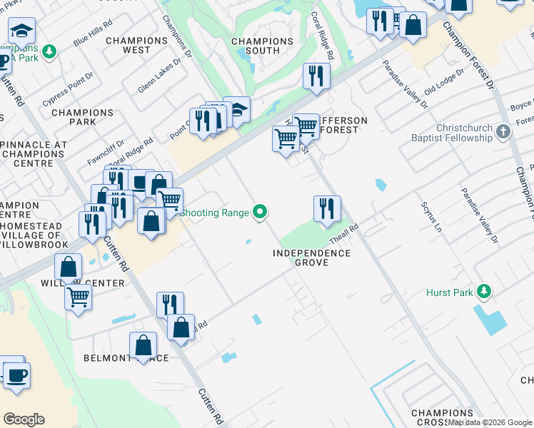 map of restaurants, bars, coffee shops, grocery stores, and more near 12686 Shiloh Church Road in Houston