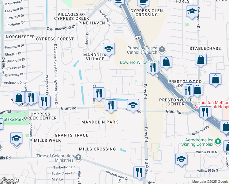 map of restaurants, bars, coffee shops, grocery stores, and more near 13623 Baxter Hills Lane in Houston
