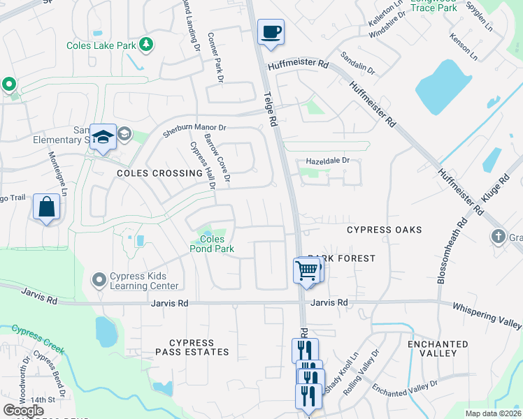 map of restaurants, bars, coffee shops, grocery stores, and more near 13138 Tarbet Place Court in Cypress