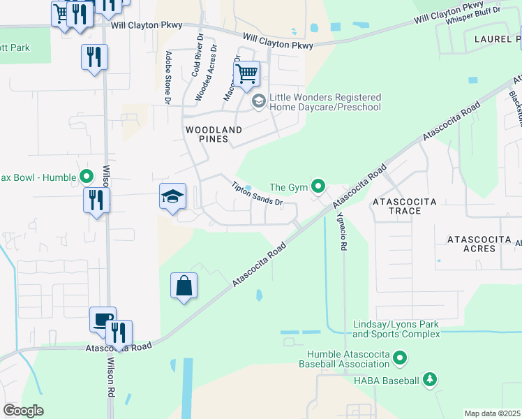 map of restaurants, bars, coffee shops, grocery stores, and more near 2402 Fort Baldy Trail in Humble