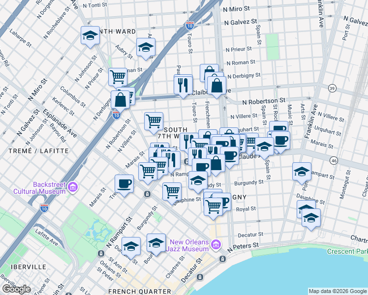 map of restaurants, bars, coffee shops, grocery stores, and more near Marais St & Pauger St in New Orleans