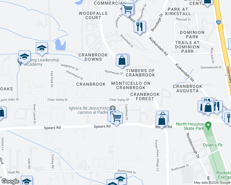 map of restaurants, bars, coffee shops, grocery stores, and more near 13822 Cantwell Drive in Houston