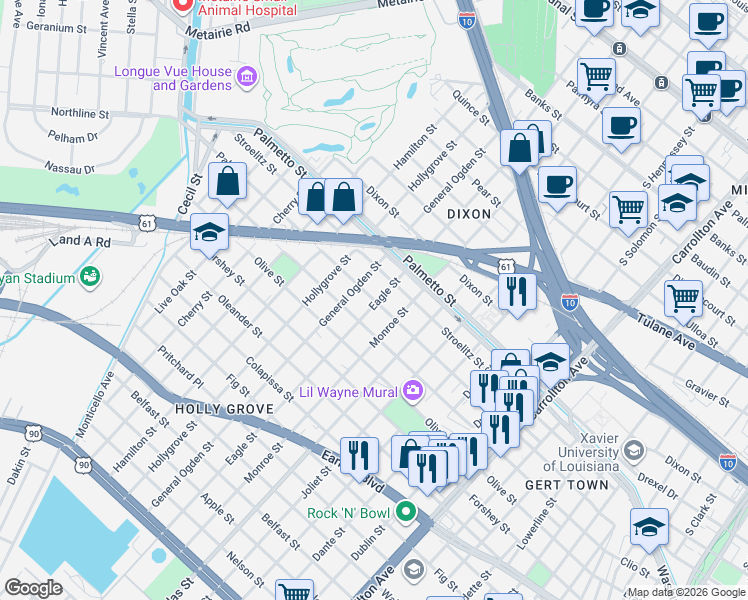 map of restaurants, bars, coffee shops, grocery stores, and more near 8818 Stroelitz Street in New Orleans