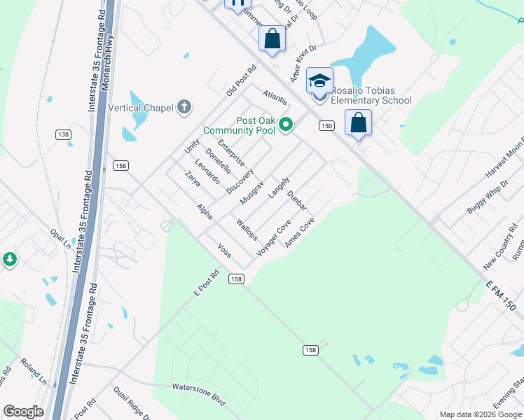 map of restaurants, bars, coffee shops, grocery stores, and more near 399 Langely in Kyle