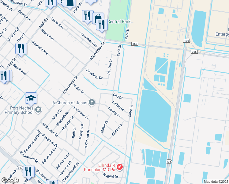 map of restaurants, bars, coffee shops, grocery stores, and more near 2401 Lofton Drive in Port Neches
