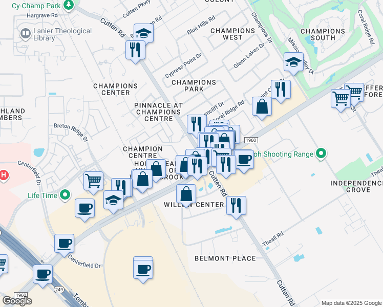 map of restaurants, bars, coffee shops, grocery stores, and more near 001 Champions Plaza Drive in Houston