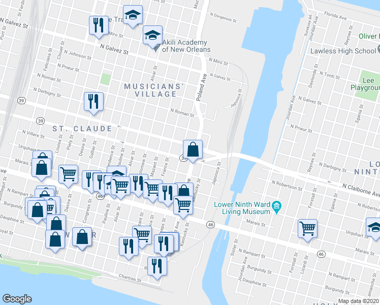 map of restaurants, bars, coffee shops, grocery stores, and more near 1606 Poland Avenue in New Orleans