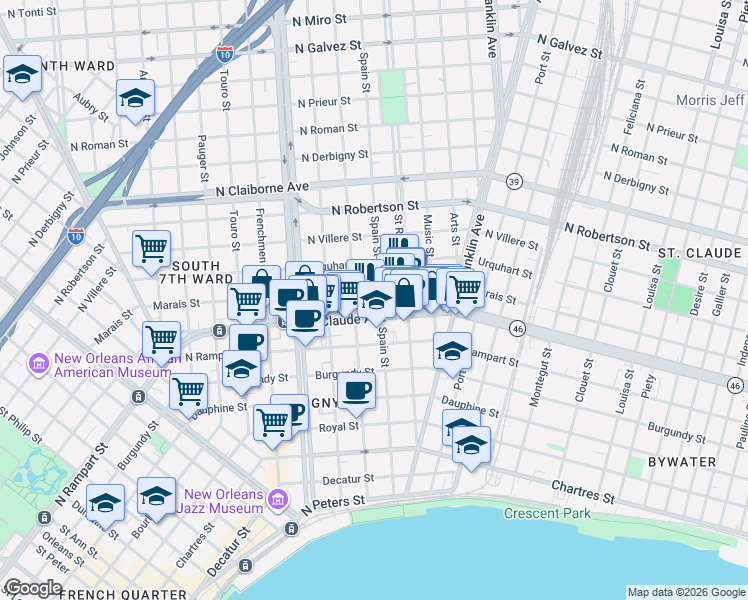map of restaurants, bars, coffee shops, grocery stores, and more near 1209 Mandeville Street in New Orleans