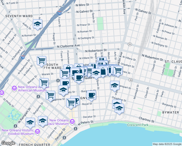 map of restaurants, bars, coffee shops, grocery stores, and more near 1209 Mandeville Street in New Orleans
