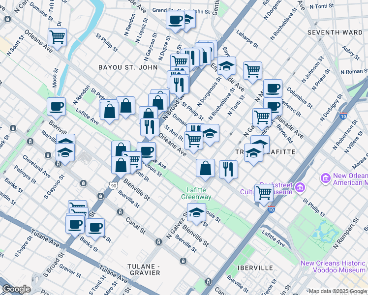 map of restaurants, bars, coffee shops, grocery stores, and more near 2549 Orleans Avenue in New Orleans