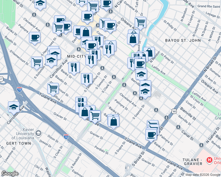 map of restaurants, bars, coffee shops, grocery stores, and more near 3501 Cleveland Avenue in New Orleans