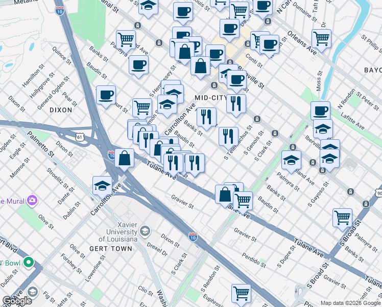 map of restaurants, bars, coffee shops, grocery stores, and more near 3917 Baudin Street in New Orleans