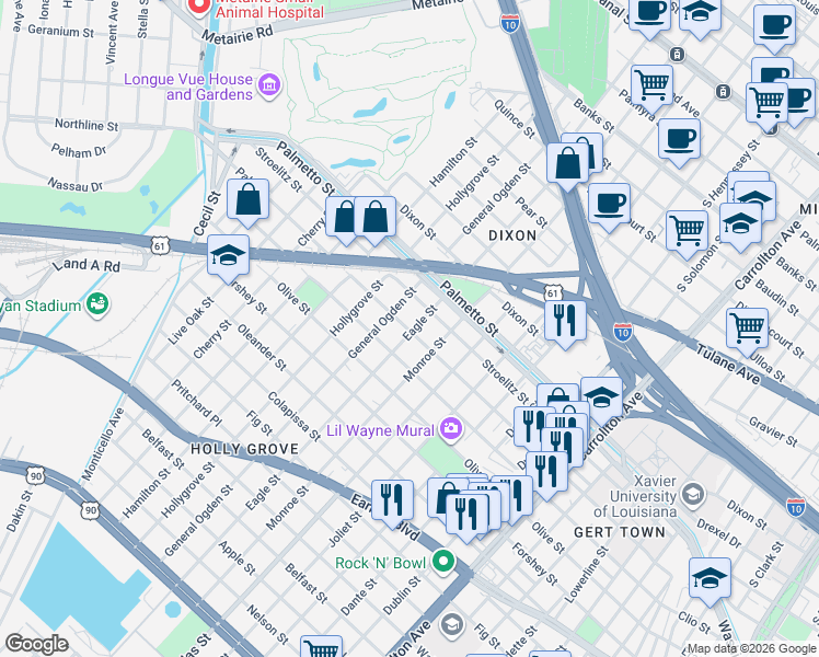 map of restaurants, bars, coffee shops, grocery stores, and more near 8818 Stroelitz Street in New Orleans