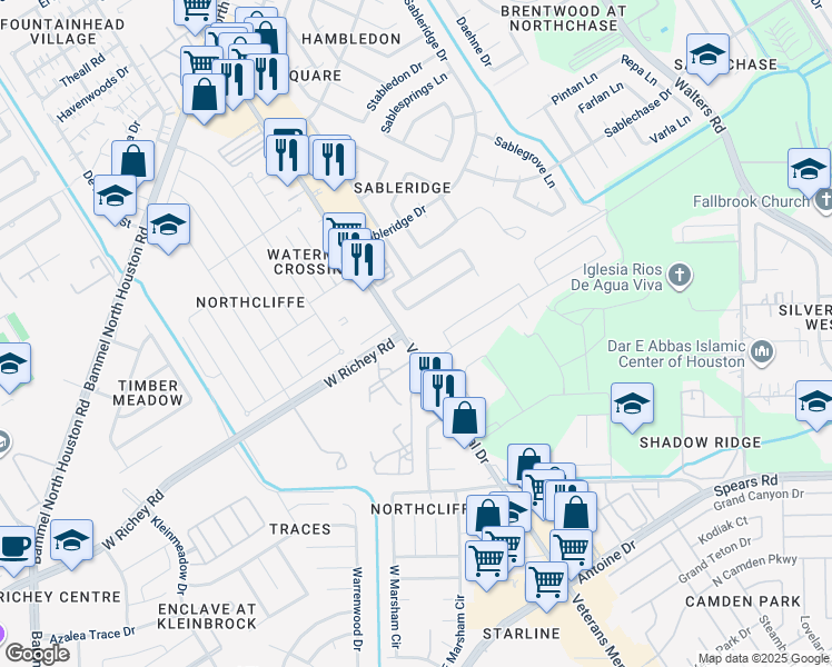 map of restaurants, bars, coffee shops, grocery stores, and more near 4255 Southchase Lane in Houston