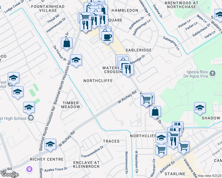 map of restaurants, bars, coffee shops, grocery stores, and more near 4106 Stonehenge Trail in Houston