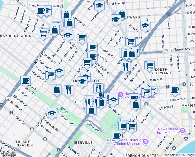 map of restaurants, bars, coffee shops, grocery stores, and more near 1201 North Roman Street in New Orleans