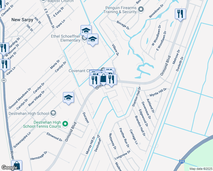map of restaurants, bars, coffee shops, grocery stores, and more near 1968 Ormond Boulevard in Destrehan