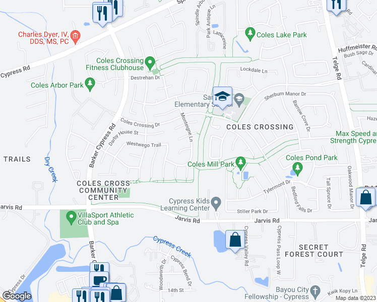 map of restaurants, bars, coffee shops, grocery stores, and more near 13527 Monteigne Lane in Cypress