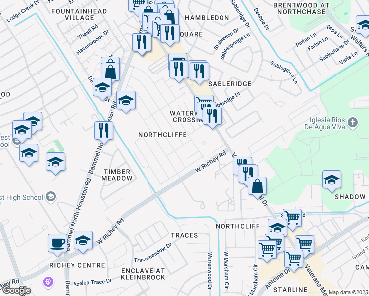 map of restaurants, bars, coffee shops, grocery stores, and more near 4106 Stonehenge Trail in Houston