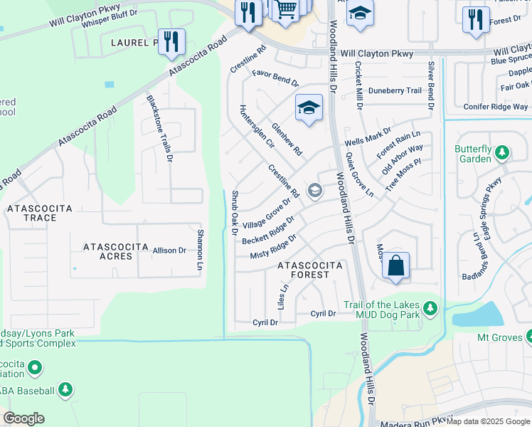 map of restaurants, bars, coffee shops, grocery stores, and more near 3703 Village Grove Drive in Humble