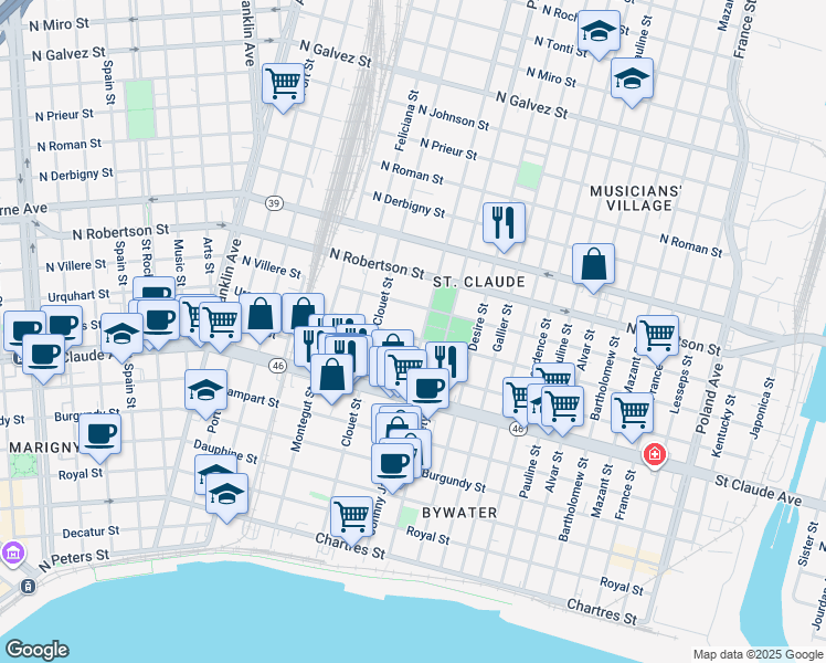 map of restaurants, bars, coffee shops, grocery stores, and more near 3150 North Villere Street in New Orleans