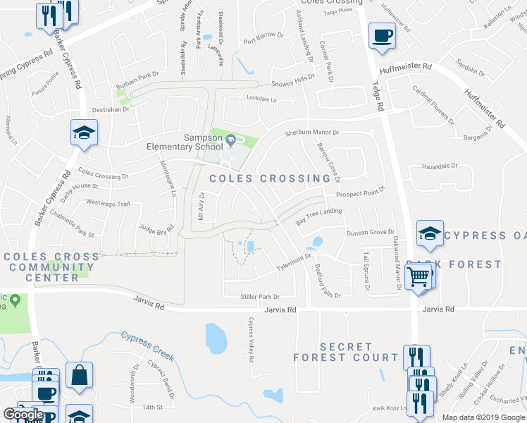 map of restaurants, bars, coffee shops, grocery stores, and more near 15810 Ashton Hills Drive in Cypress