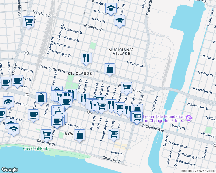 map of restaurants, bars, coffee shops, grocery stores, and more near 1426 Alvar Street in New Orleans