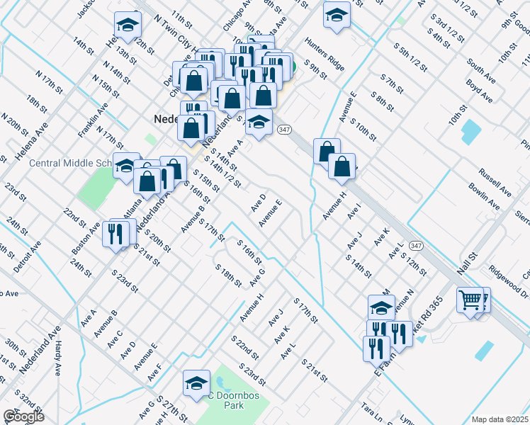 map of restaurants, bars, coffee shops, grocery stores, and more near 1416 Avenue East in Nederland
