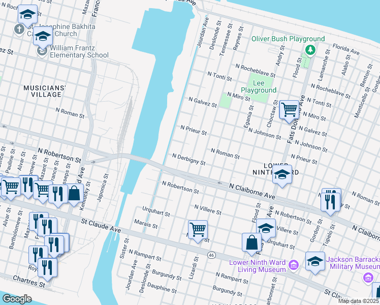 map of restaurants, bars, coffee shops, grocery stores, and more near 1720 Tennessee Street in New Orleans