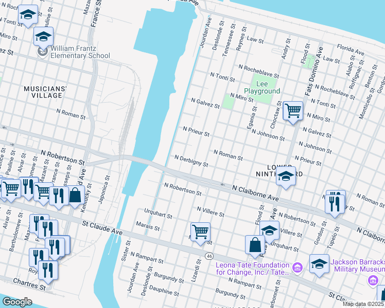 map of restaurants, bars, coffee shops, grocery stores, and more near 1720 Tennessee Street in New Orleans