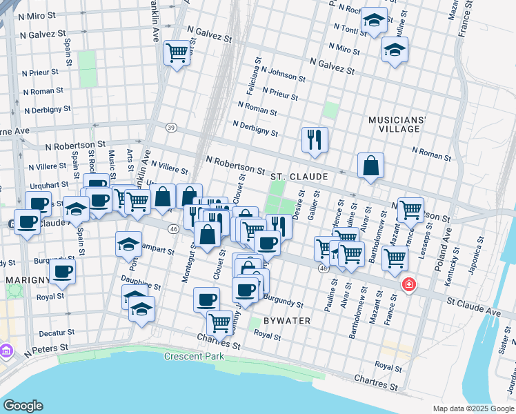 map of restaurants, bars, coffee shops, grocery stores, and more near 3150 North Villere Street in New Orleans