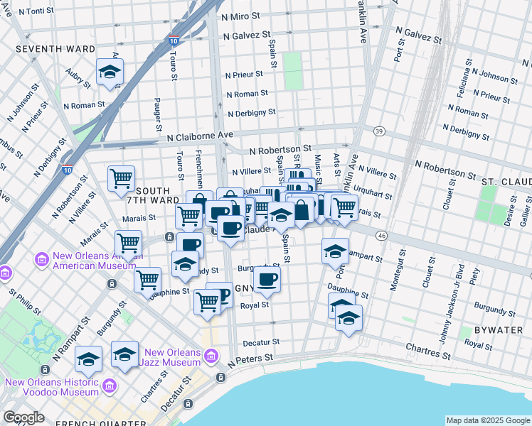 map of restaurants, bars, coffee shops, grocery stores, and more near 1209 Mandeville Street in New Orleans
