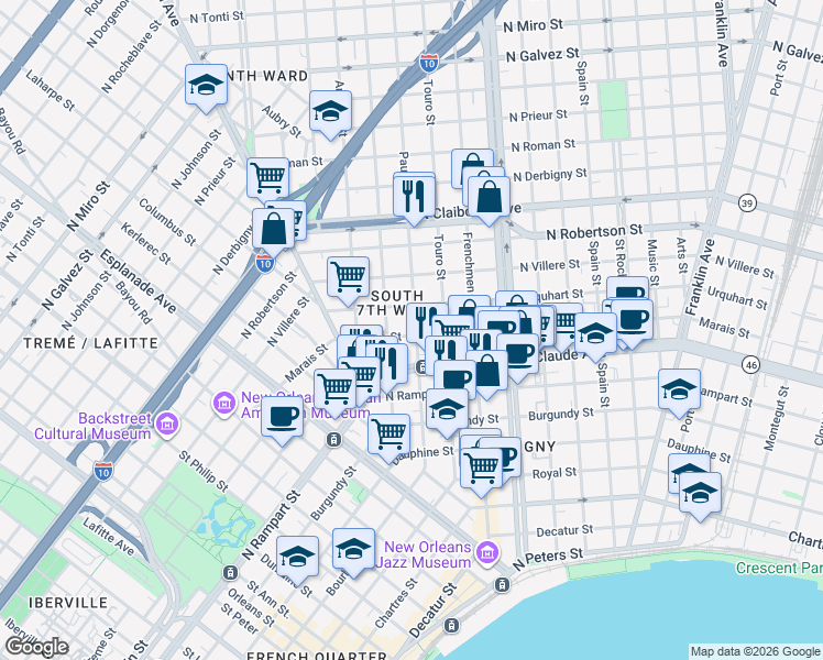map of restaurants, bars, coffee shops, grocery stores, and more near 1916 Urquhart Street in New Orleans