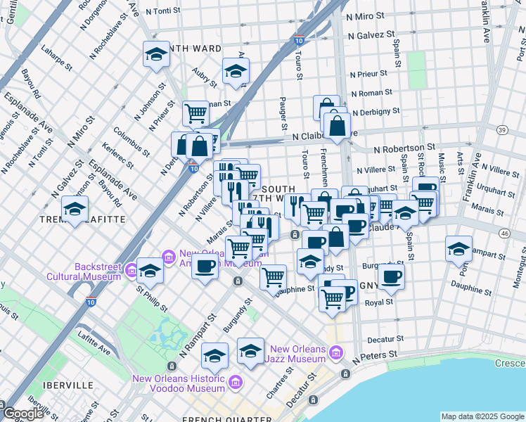 map of restaurants, bars, coffee shops, grocery stores, and more near 1331 Saint Anthony Street in New Orleans