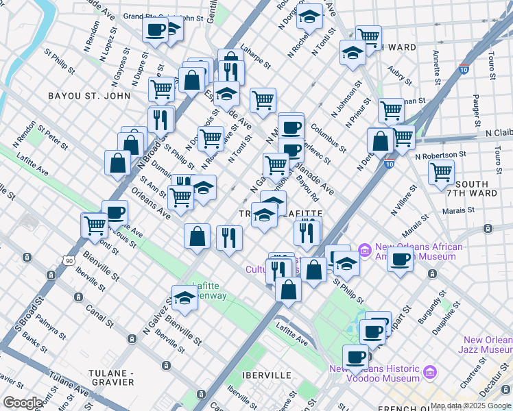 map of restaurants, bars, coffee shops, grocery stores, and more near in New Orleans