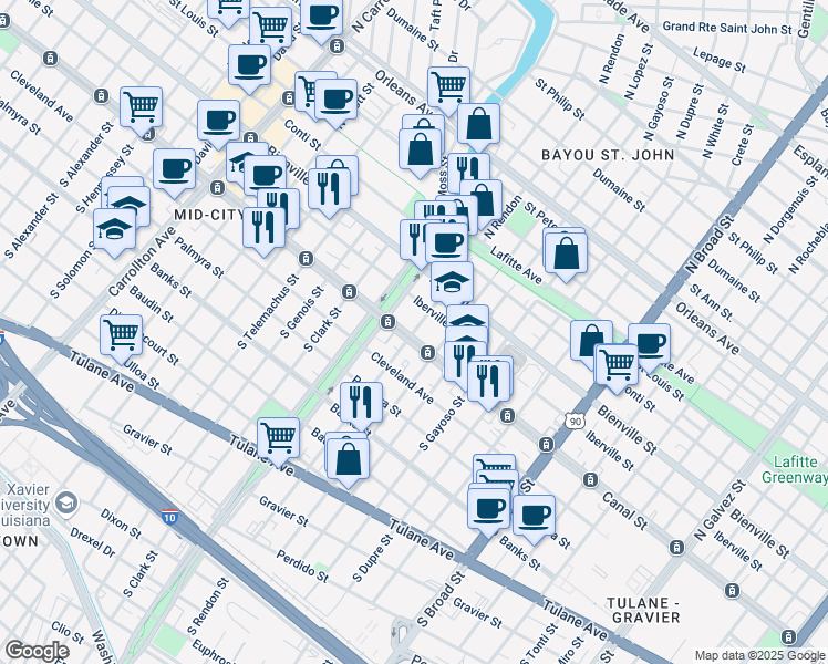 map of restaurants, bars, coffee shops, grocery stores, and more near 3309 Canal Street in New Orleans