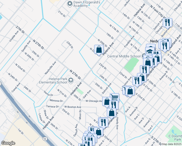 map of restaurants, bars, coffee shops, grocery stores, and more near 2519 Helena Avenue in Nederland