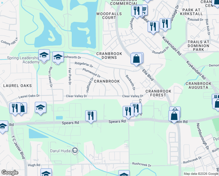 map of restaurants, bars, coffee shops, grocery stores, and more near 1450 Plumwood Drive in Houston