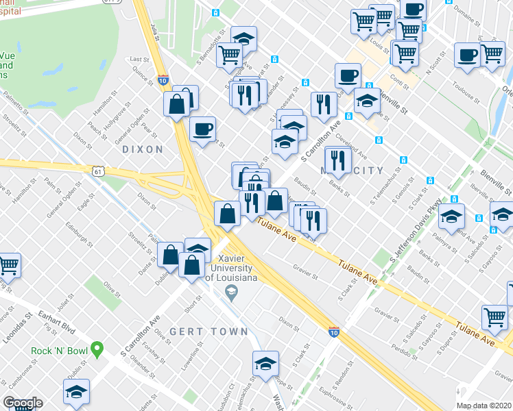 map of restaurants, bars, coffee shops, grocery stores, and more near 4133 S Carrollton Ave in New Orleans