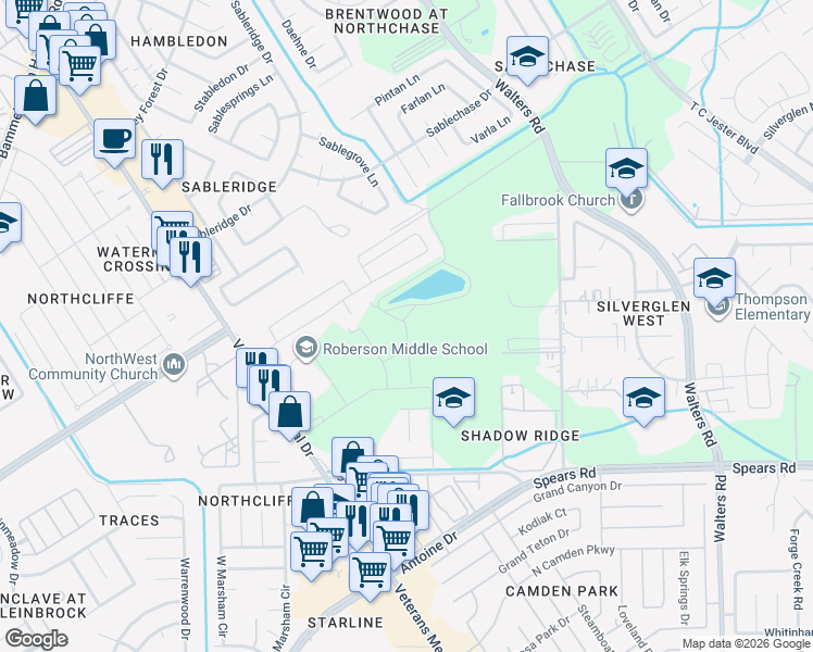 map of restaurants, bars, coffee shops, grocery stores, and more near Christmas Tree Lane in Houston