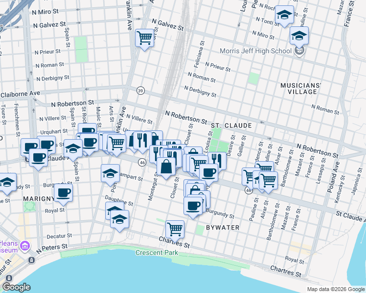 map of restaurants, bars, coffee shops, grocery stores, and more near in New Orleans