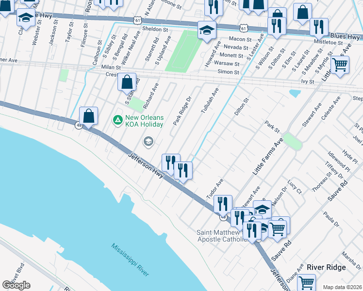 map of restaurants, bars, coffee shops, grocery stores, and more near 504 Tullulah Avenue in River Ridge