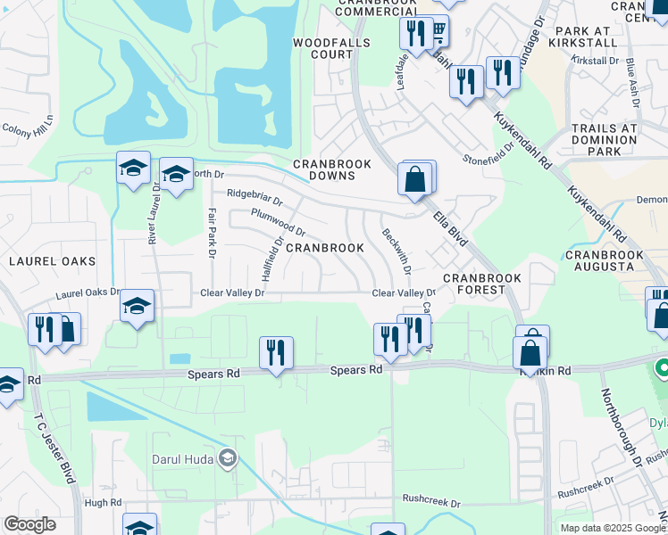 map of restaurants, bars, coffee shops, grocery stores, and more near 1450 Plumwood Drive in Houston