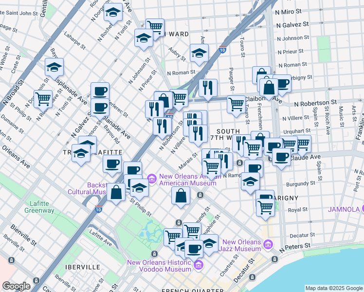 map of restaurants, bars, coffee shops, grocery stores, and more near 1331 Kerlerec Street in New Orleans