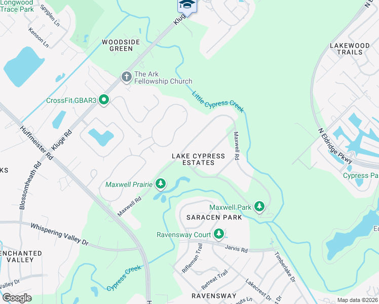 map of restaurants, bars, coffee shops, grocery stores, and more near 13514 Maxwell Road in Cypress