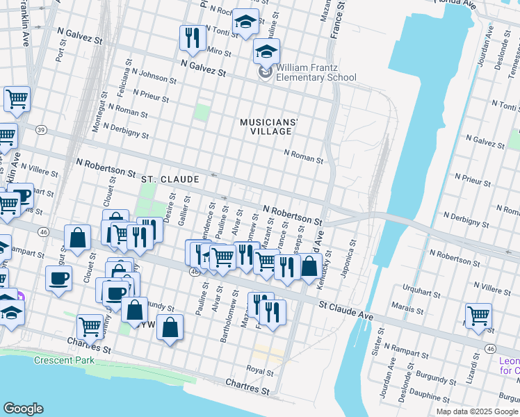 map of restaurants, bars, coffee shops, grocery stores, and more near 3925 North Robertson Street in New Orleans