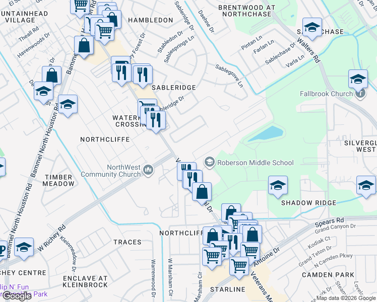 map of restaurants, bars, coffee shops, grocery stores, and more near 12731 Veterans Ranch Road in Houston