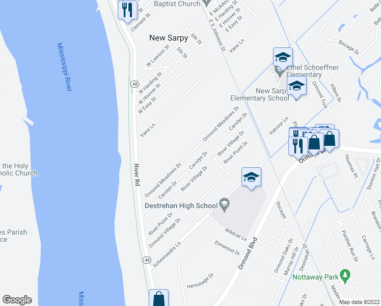 map of restaurants, bars, coffee shops, grocery stores, and more near 208 Ormond Meadows Drive in Destrehan