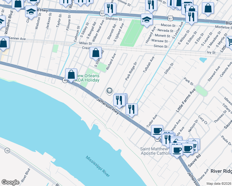 map of restaurants, bars, coffee shops, grocery stores, and more near 300 Sophia Street in River Ridge